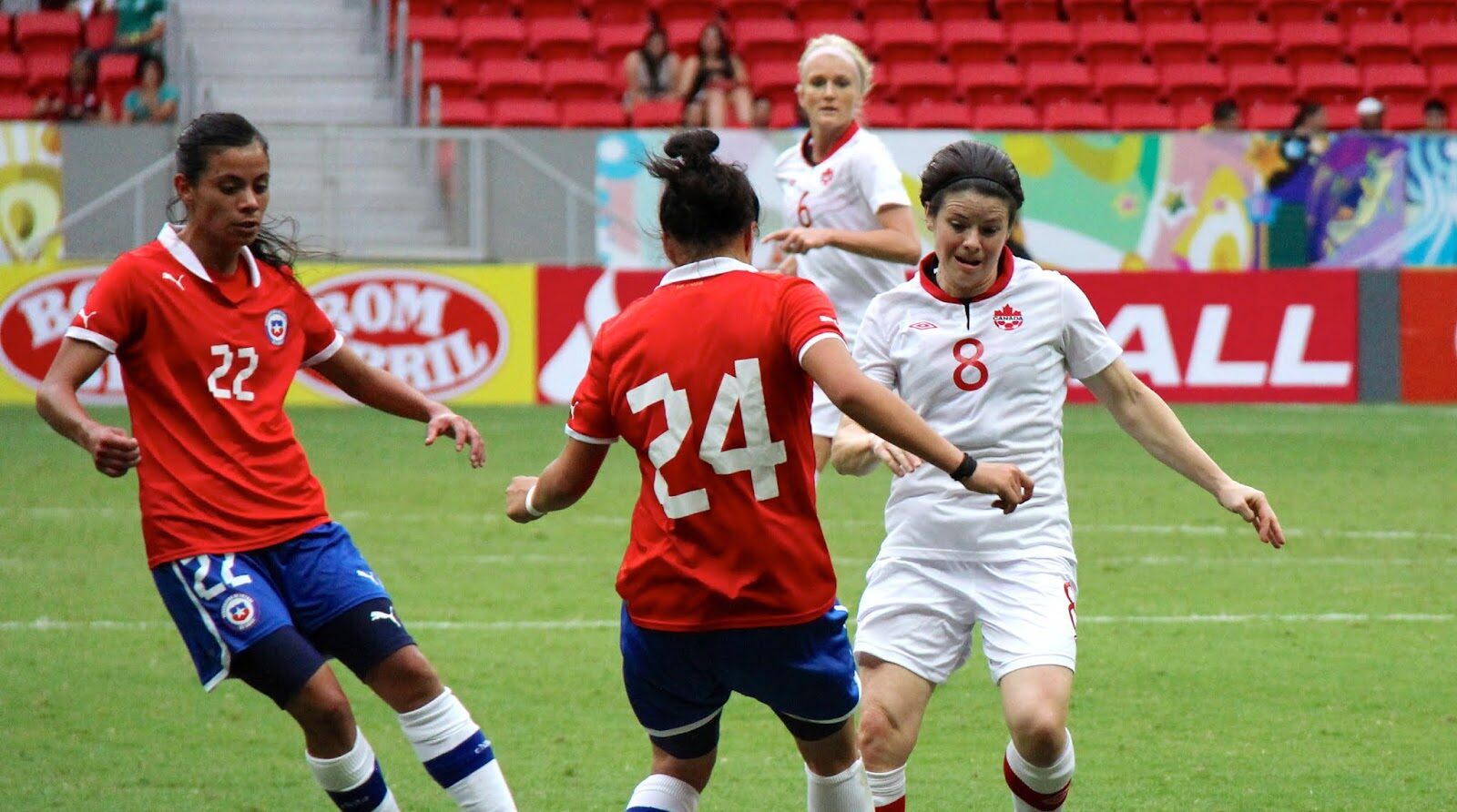 Jugadoras de Chile vs jugadoras de Canadá en la disputa del balón.